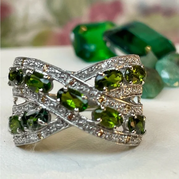 2.22ct Tsavorite & Sapphire Silver Ring 925  size 8 - Picture 3 of 12
